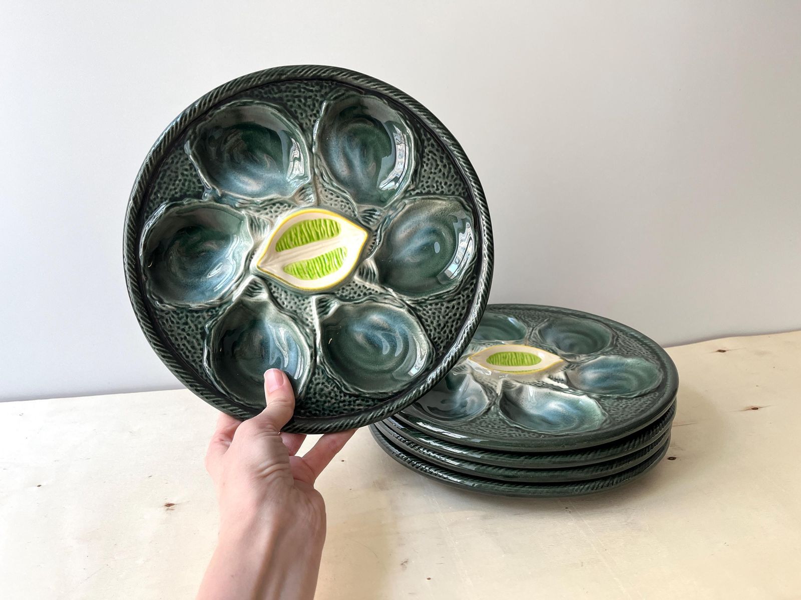 Set Of 5 Oyster Plates Signed St Clement France, 60s French Ceramic, Vintage Majolica Seafood Dishes photo furniture