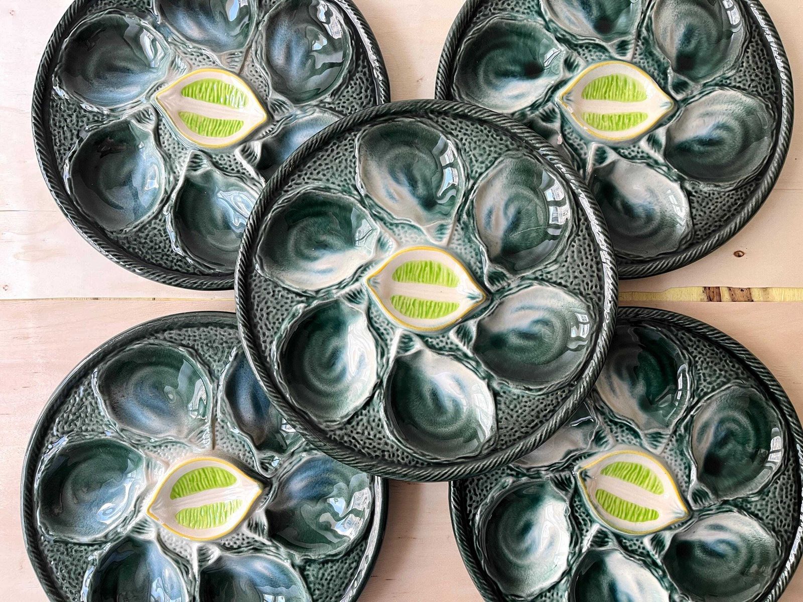 Set Of 5 Oyster Plates Signed St Clement France, 60s French Ceramic, Vintage Majolica Seafood Dishes photo 316.0