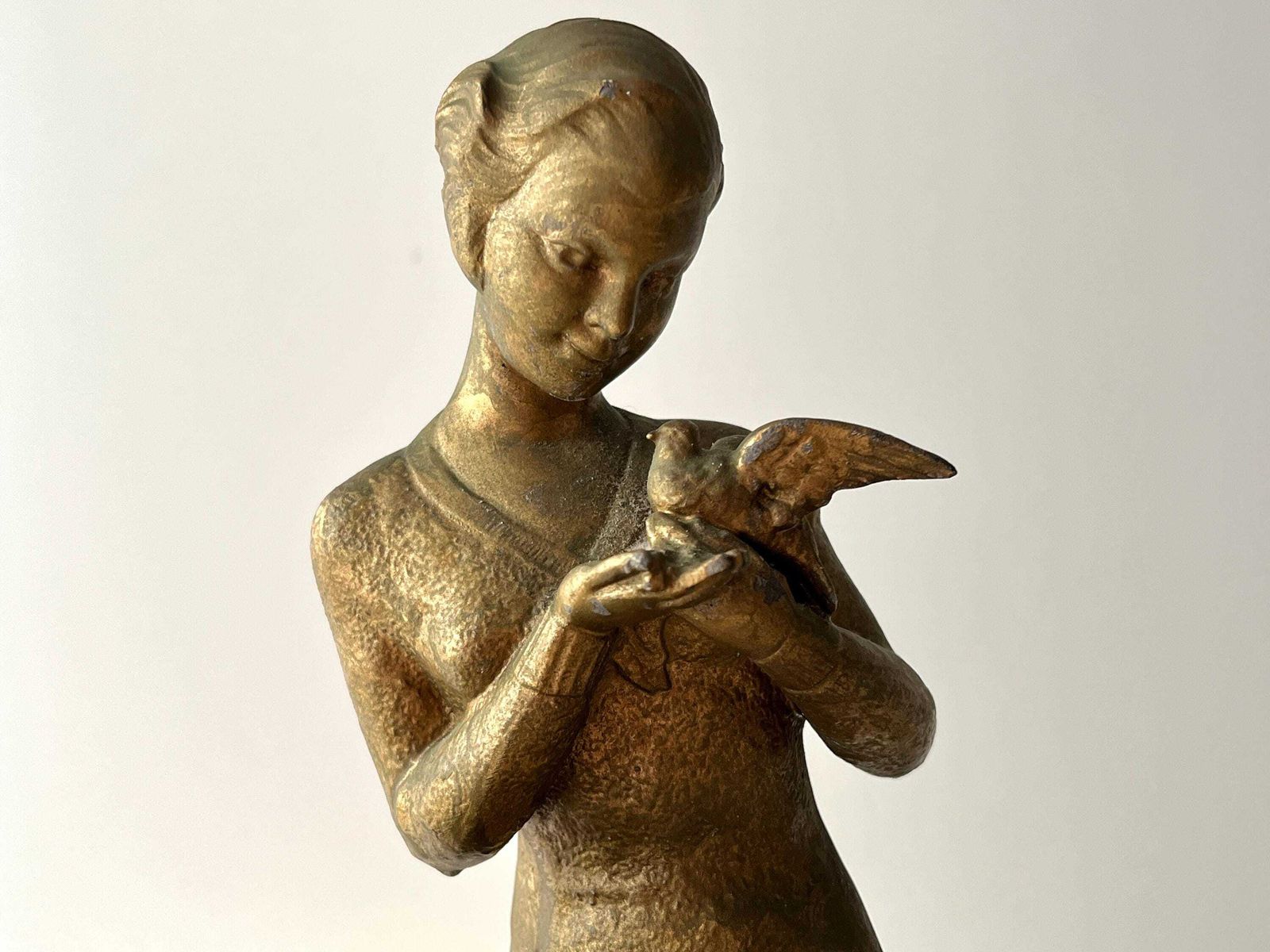 photo for sale Antique Art Deco French Fireplace Clock 1930s, Marbre And Spelter Clock "The Woman And The Dove"