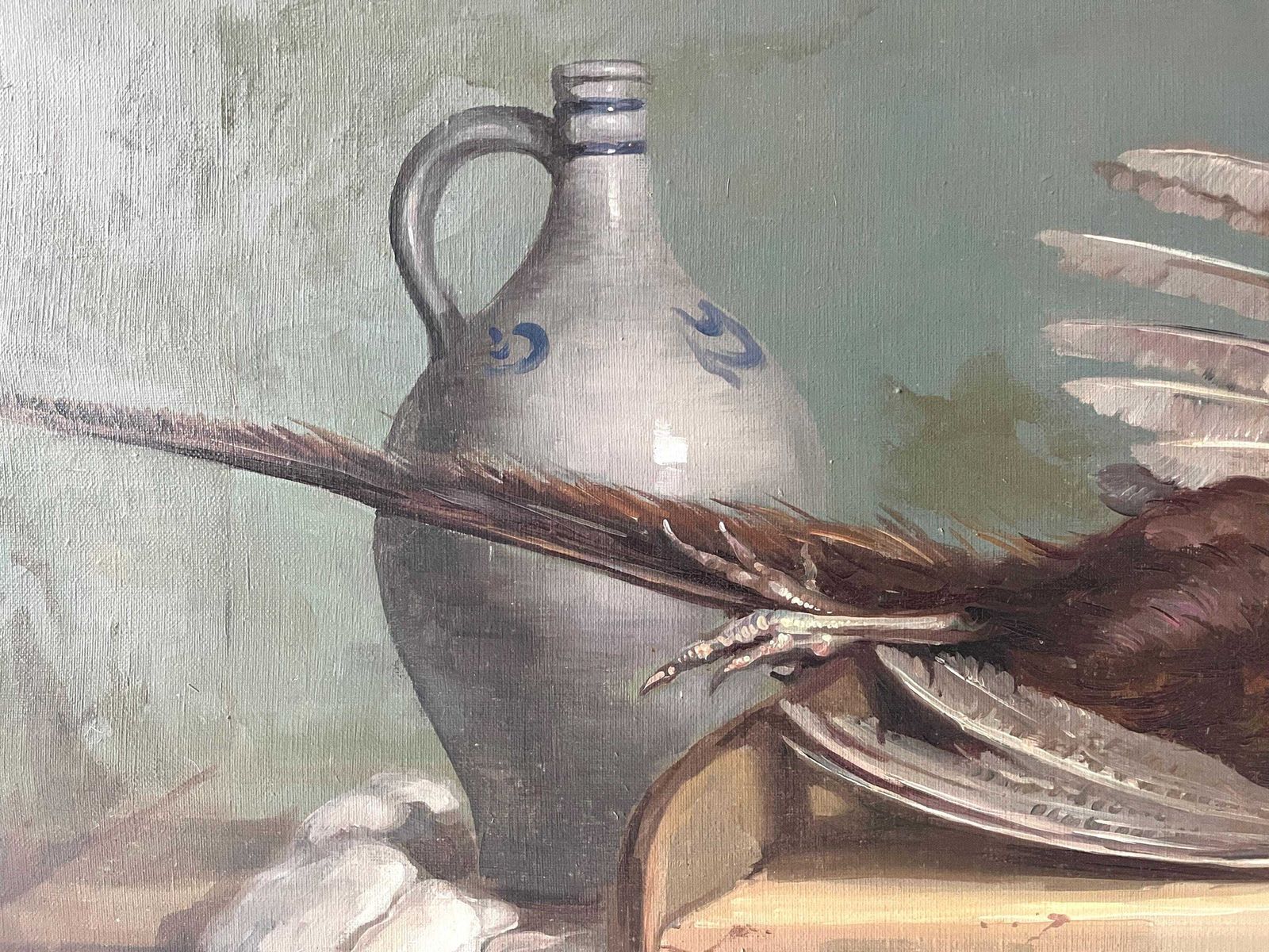 French Antique Still Life Oil On Canvas "The Trophy Hunting", Original 1920s Pheasant Painting photo vinterior