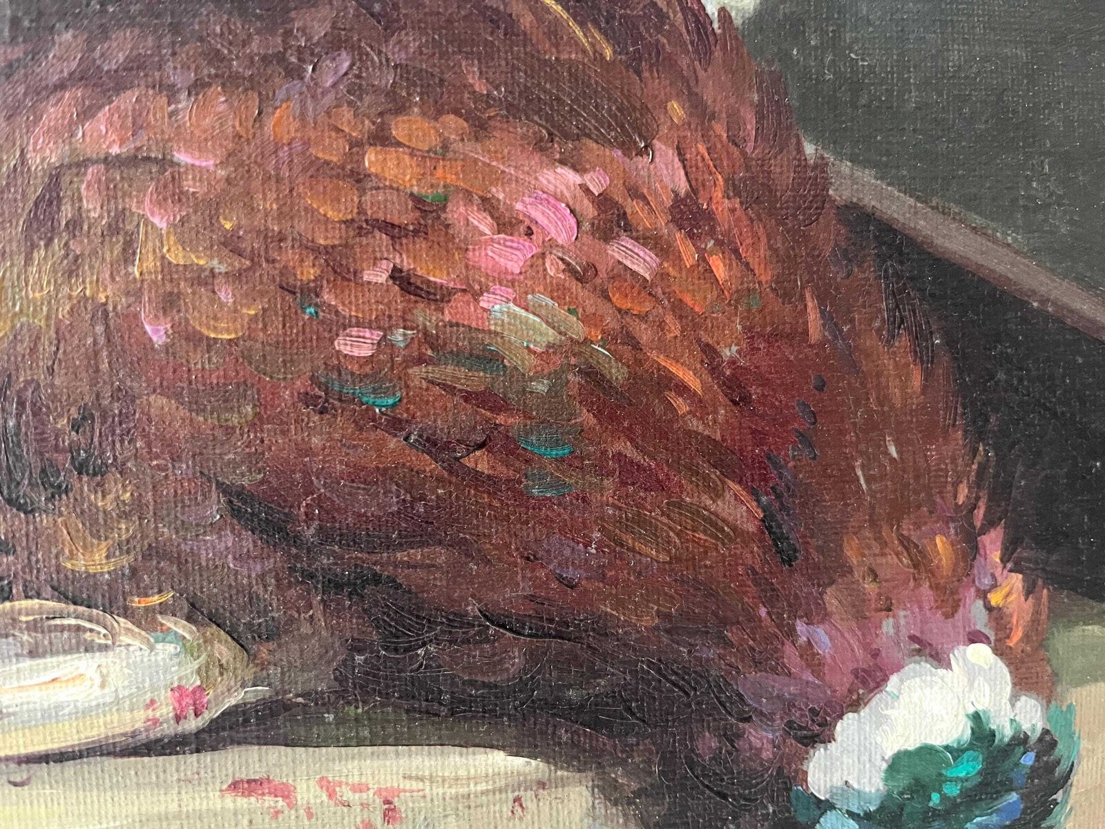 photo furniture French Antique Still Life Oil On Canvas "The Trophy Hunting", Original 1920s Pheasant Painting