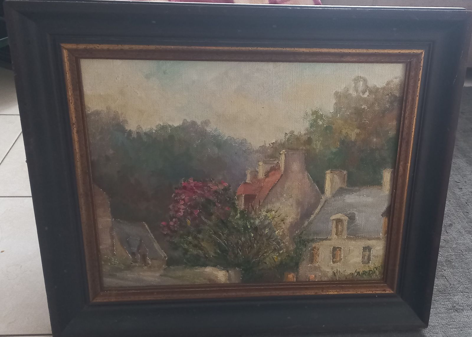 French Village Scene Oil On Canvas Painting C1900 Unknown Artist