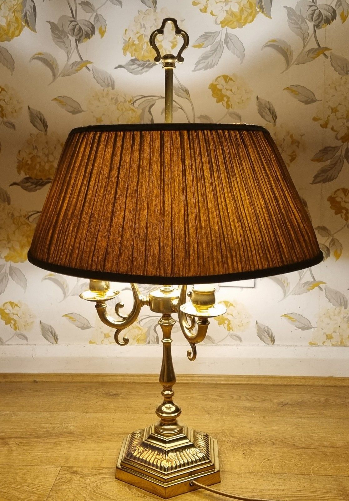 Large French Bouilotte Style Brass Table Lamp 3 Arm Candelabra Pleated Shade 29" photo furniture