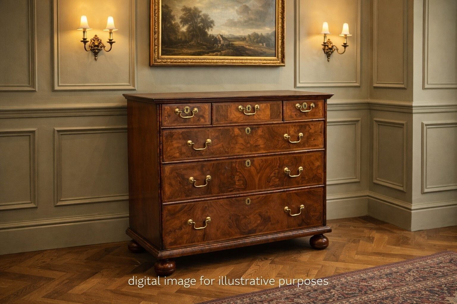 photo for sale George III Burr Walnut Chest Of Drawers