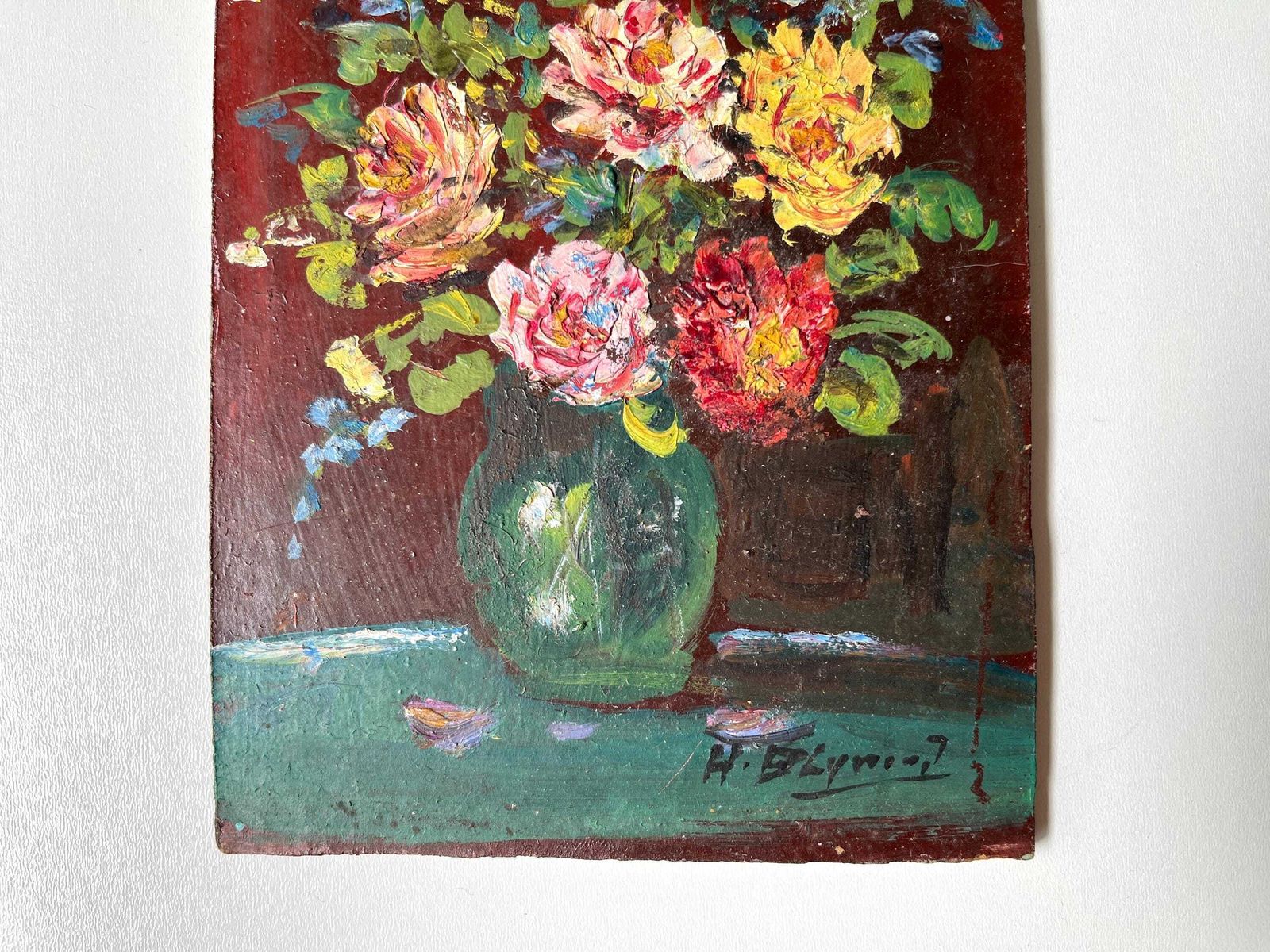 Boeket Bloemen, Olieverf Op Paneel, Frans Vintage Stilleven Uit De Jaren 1940 photo for sale
