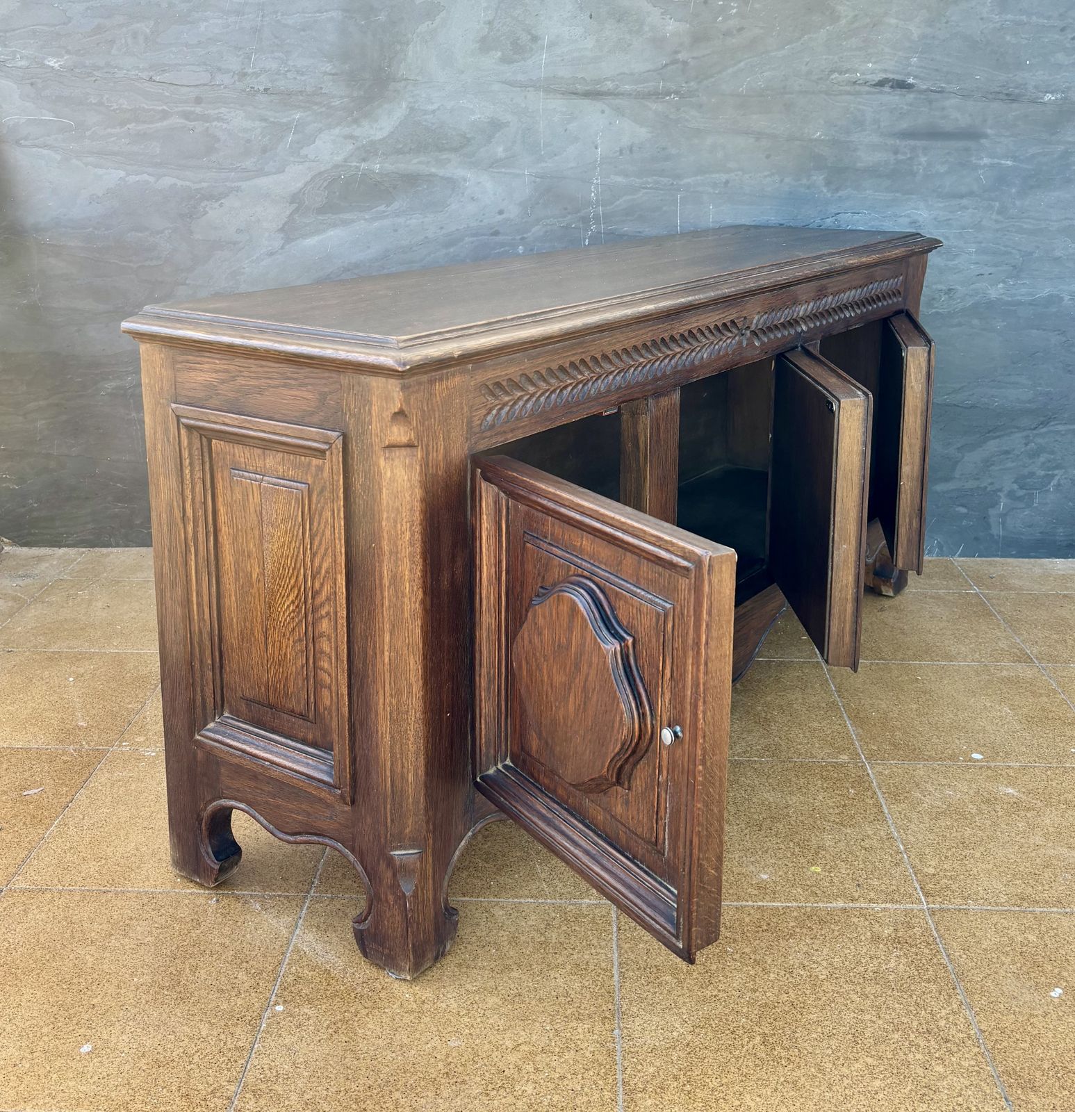 photo furniture Spanish Renaissance Revival Oak Sideboard With Three Doors, 1930