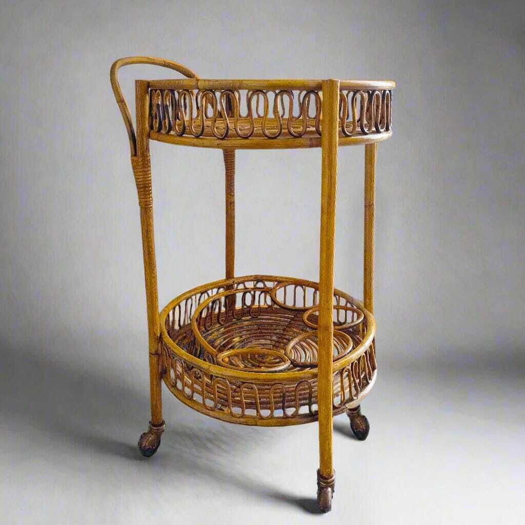 1960s Gorgeous Bamboo & Rattan Serving Bar Cart Trolley By Franco Albini. Made In Italy photo for sale