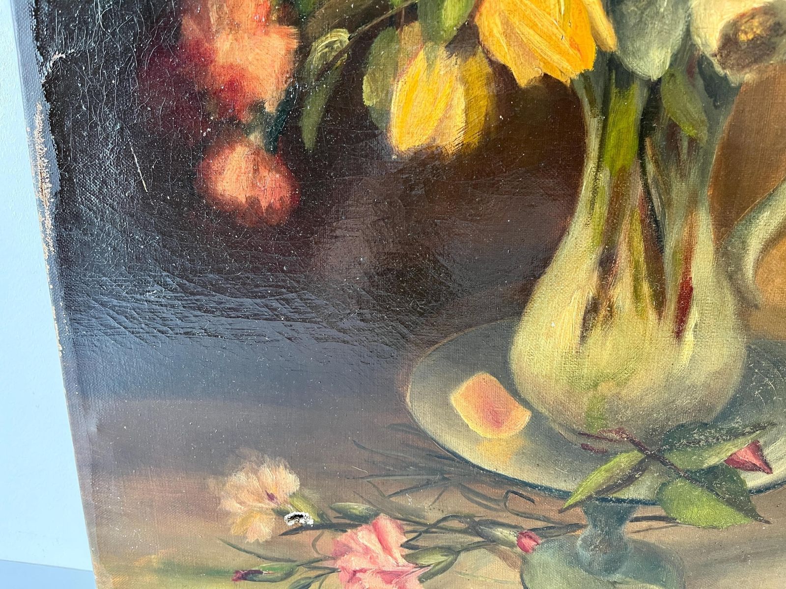 Original 1900s Bouquet Of Flowers In Oil On Canvas, French Antique Floral Still Life Painting photo vinterior