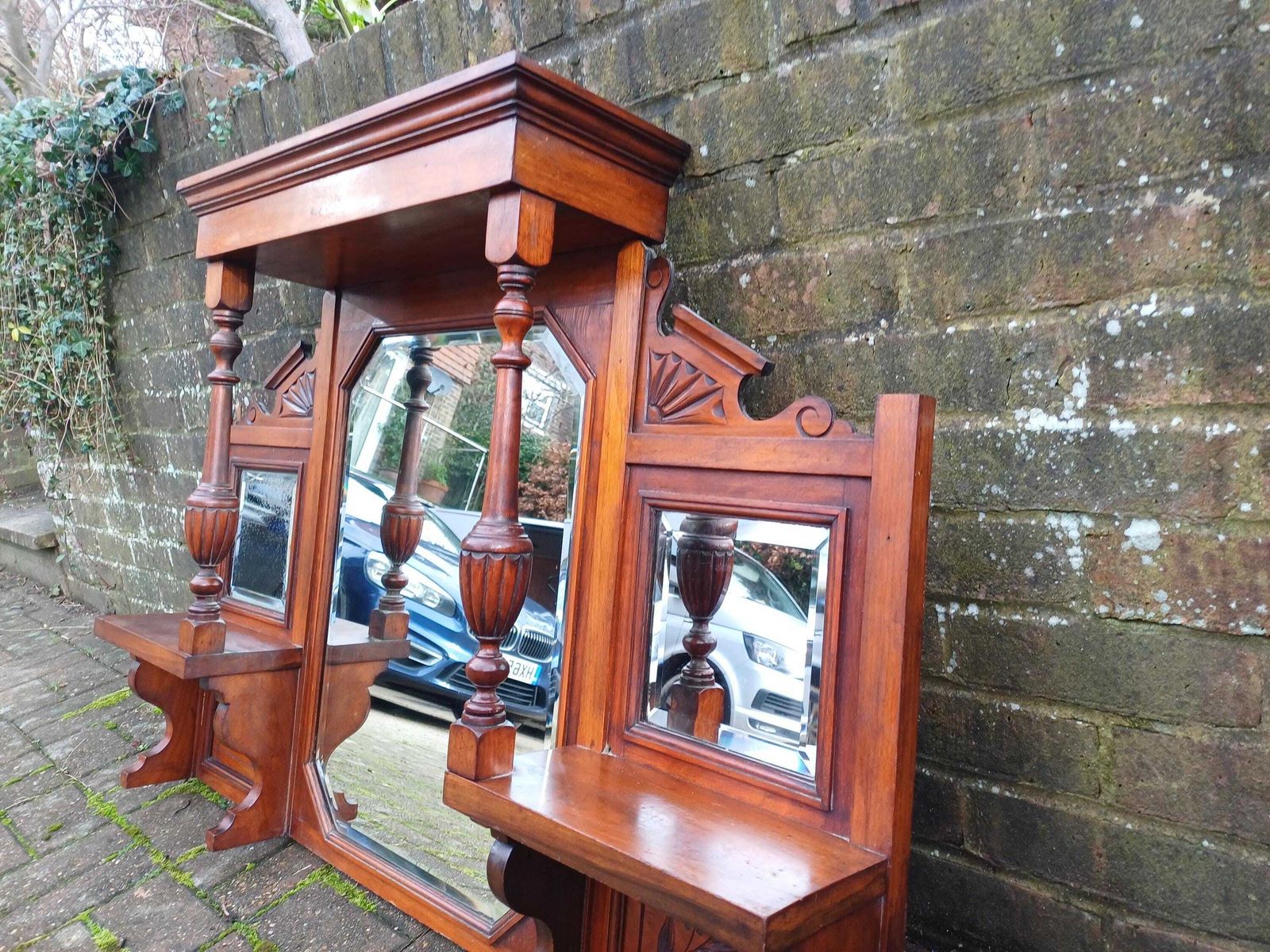 475.0 Antique Mahogany Over Mantel Mirror: Victorian Hall Mirror With Bevelled Glass photo