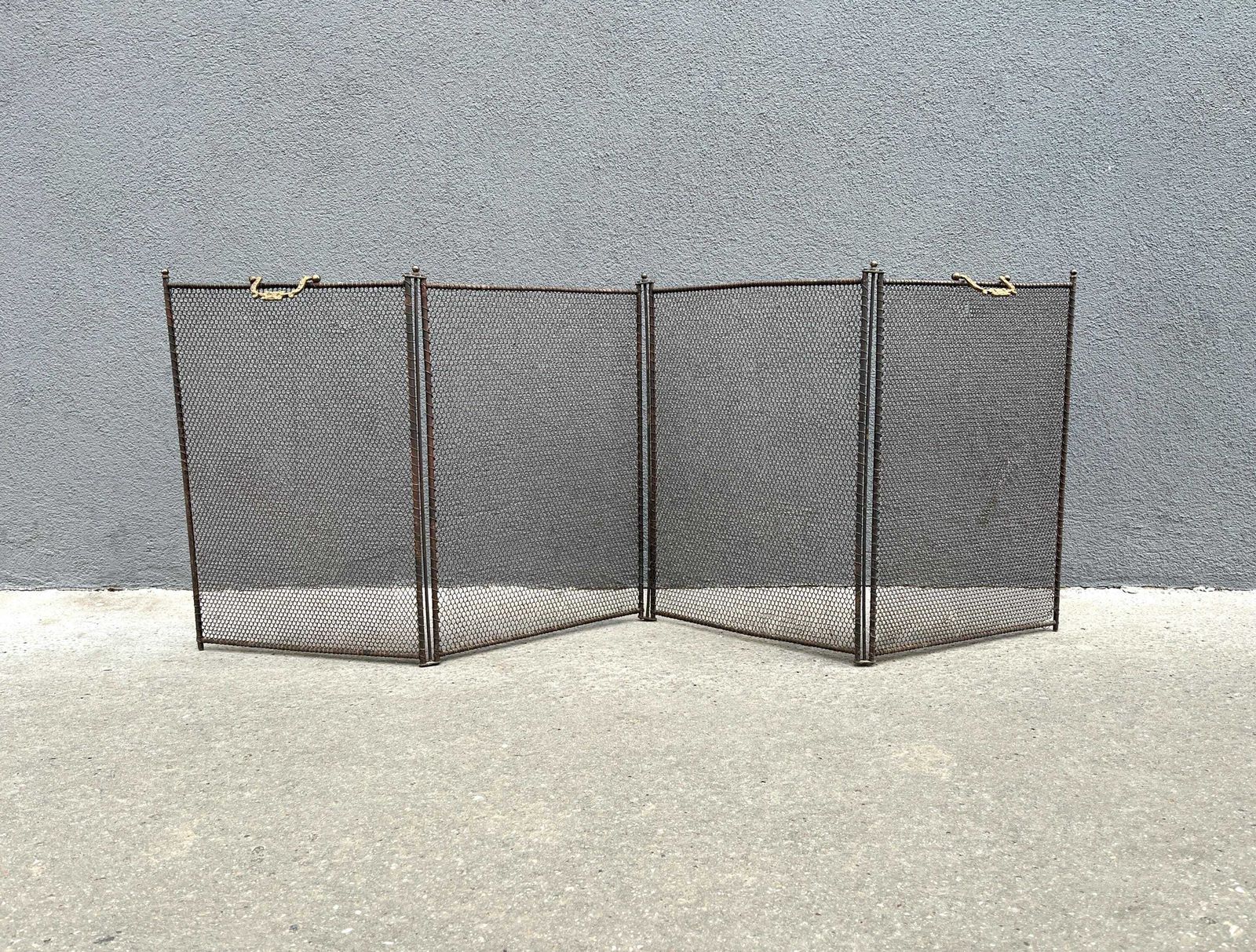 French 19th Copper Fire Screen 53 X 20 Inches, Napoleon 3rd Fireplace Protector, 4 Flap Antique Chimney Screen