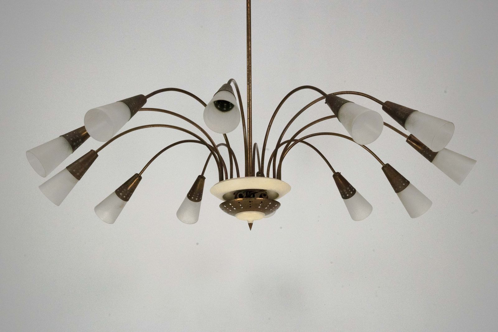 Large Italian Mid Century Sputnik Brass Chandelier With Satin Glass, 1950s photo furniture
