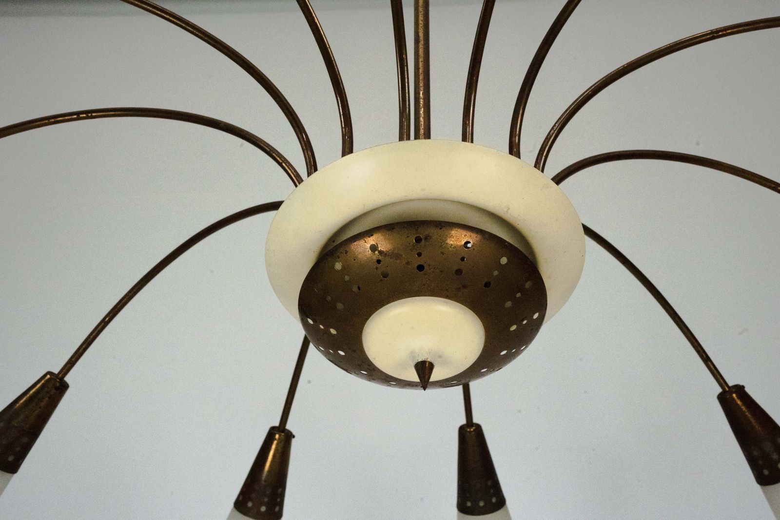 Large Italian Mid Century Sputnik Brass Chandelier With Satin Glass, 1950s photo Lighting