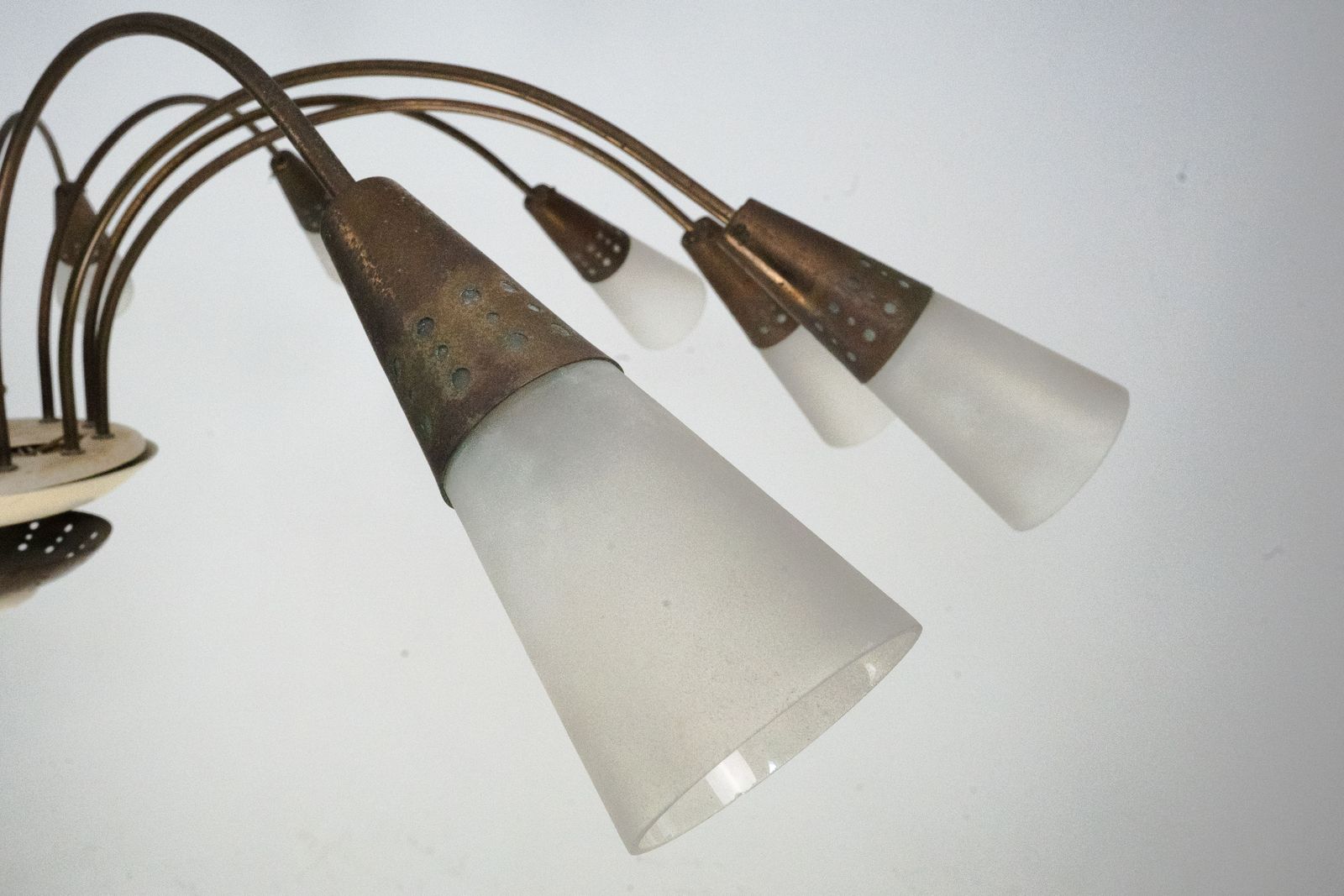 Large Italian Mid Century Sputnik Brass Chandelier With Satin Glass, 1950s photo vinterior