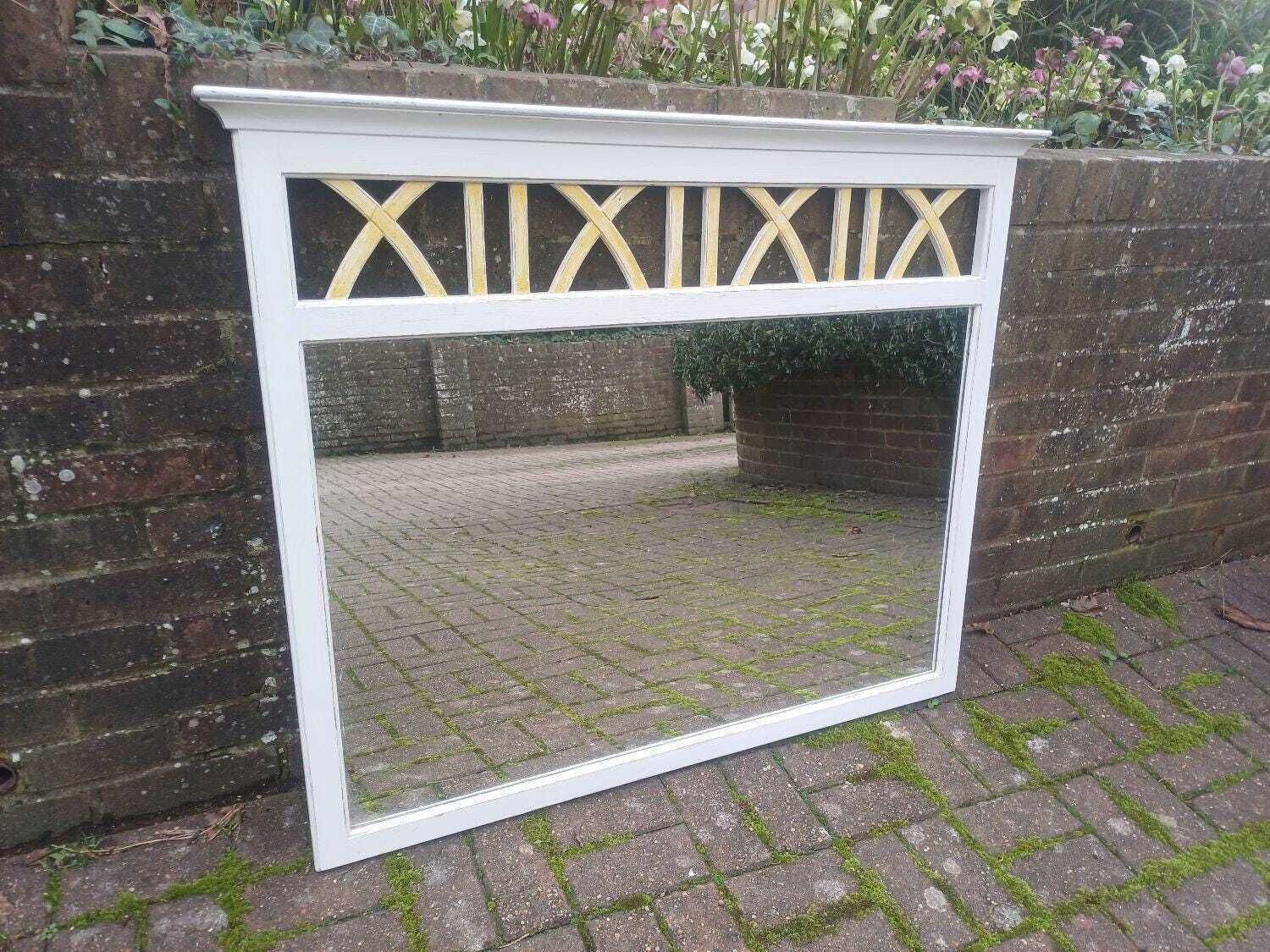 Large Hand Painted Ducal Pine Mirror Farrow And Ball Wimborne White Gold Trellis Over Mantel Wall Mirror Shabby Chic