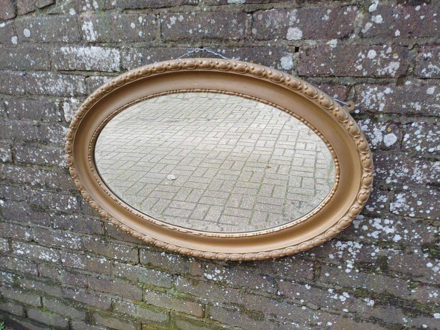 Large Antique Victorian Oval Wall Mirror, Soft Aged Gold/Bronze Gilt, Ornate Gesso Frame, Original Glass, 81cm X 55cm