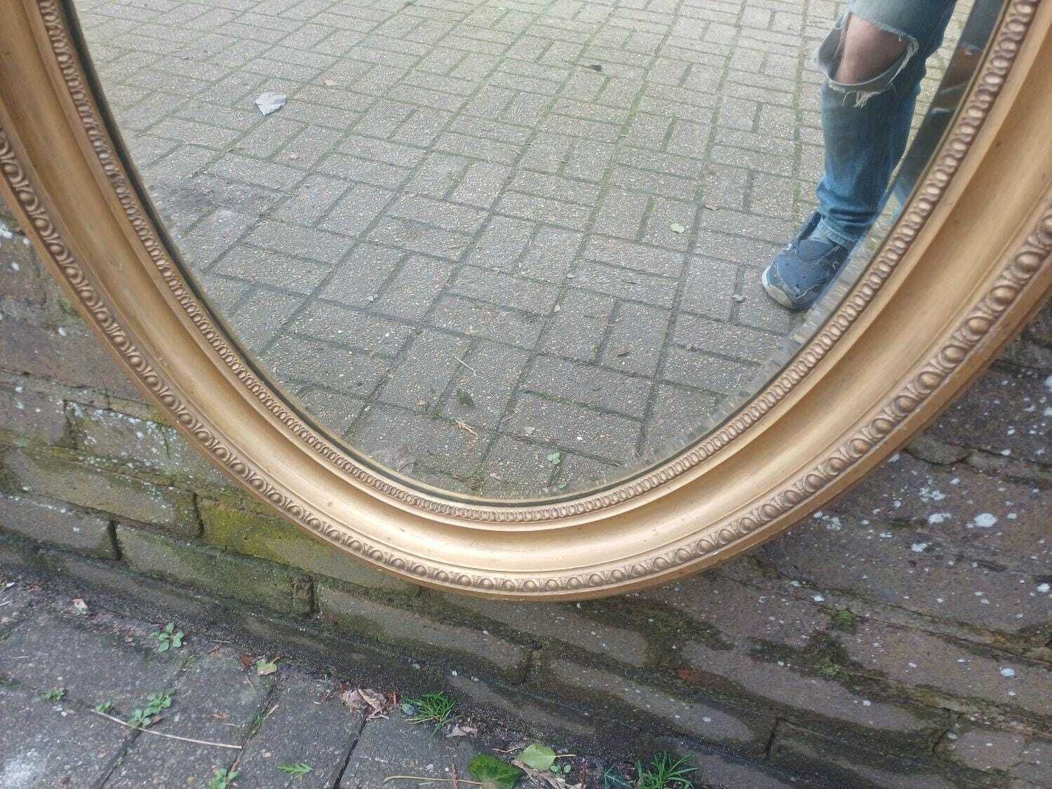 425.0 Large Late Victorian Oval Gold Gilt Mirror With Original Bevelled Glass – Antique Wall Mirror, Ornate Gesso Frame 89cm photo