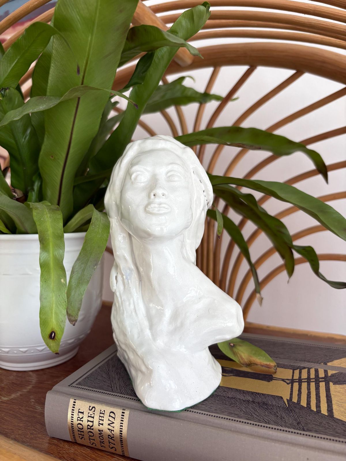 Vintage White Cast Plater Female Bust Sculpture, Modern Woman Head Statue, Medium Size Woman Figurine.