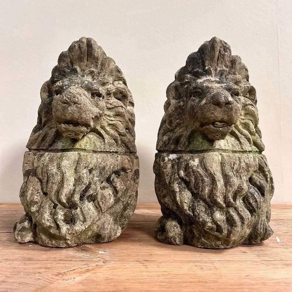 Pair Of Carved Stone Lion Bust Statues photo 225.0