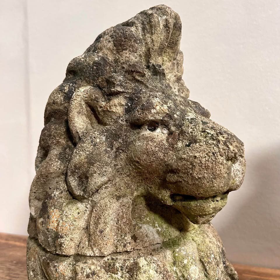 Pair Of Carved Stone Lion Bust Statues photo vinterior