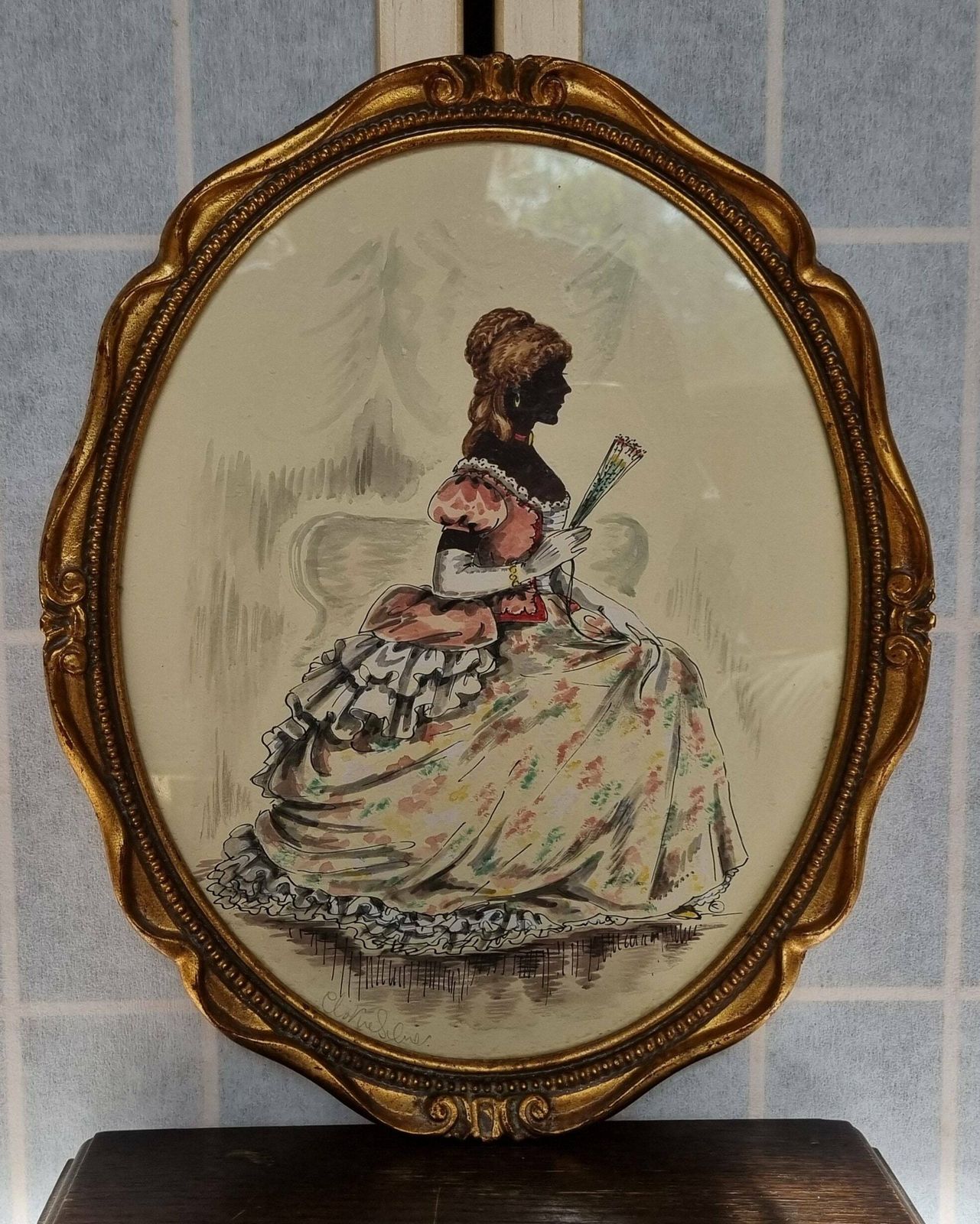 Silhouette Period Costume Painting Original Christine Silver Signed Cameo photo for sale