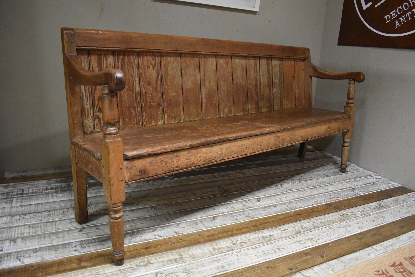 19th Century Victorian Stripped Pine Chapel School Seating Bench photo vintage