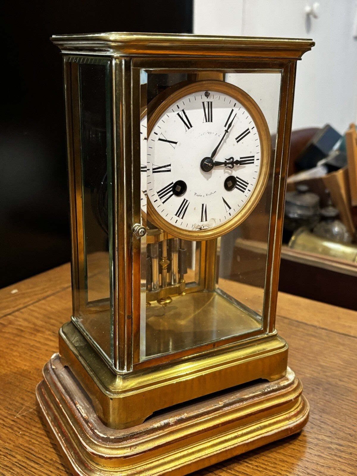 Home Decor Victorian Brass 4 Glass Clock, Ticking Away & Chimes On A Gong. photo