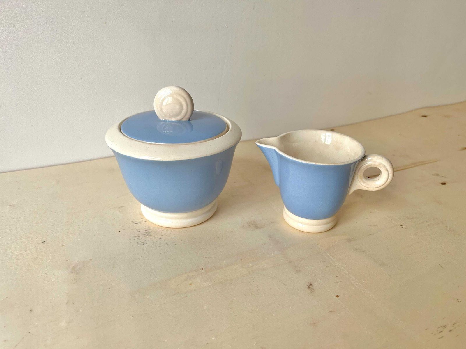 Antique Art Deco Sugar Bowl + Milk Pot By Sarreguemines Digoin France, 1930's French Earthenware Set photo furniture