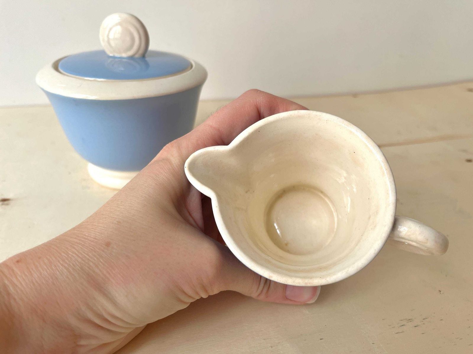 photo furniture Antique Art Deco Sugar Bowl + Milk Pot By Sarreguemines Digoin France, 1930's French Earthenware Set