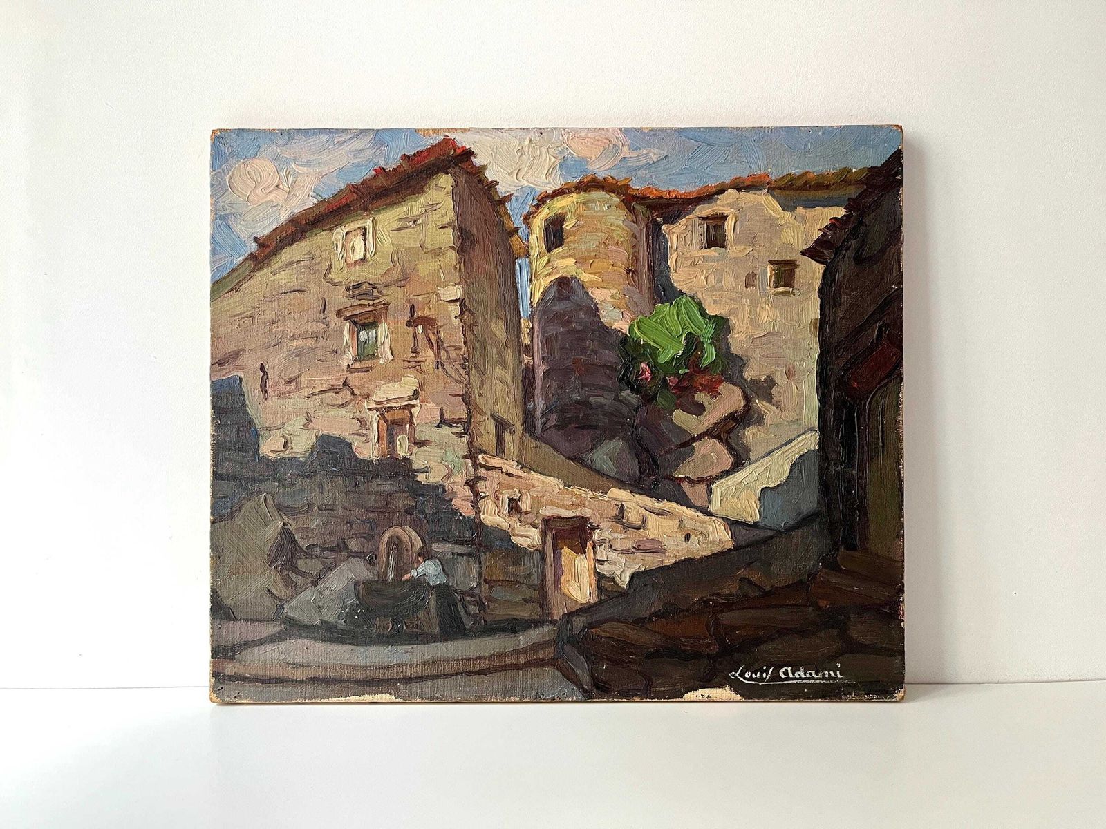 Original 1950s Oil On Canvas Of A French Stones Hamlet, Midcent Signed Rustic Landscape Painting, South Of France Village Scene