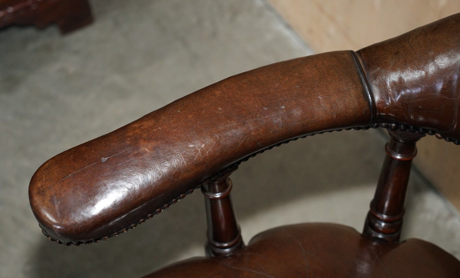 photo for sale Original Antique Victorian Fully Restored Deep Brown Leather Captains Chair