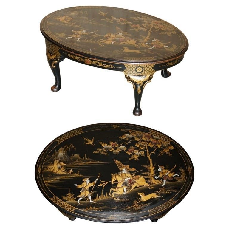 Large Oval Antique Circa 1920 Chinese Chinoiserie Export Lacquered Coffee Table