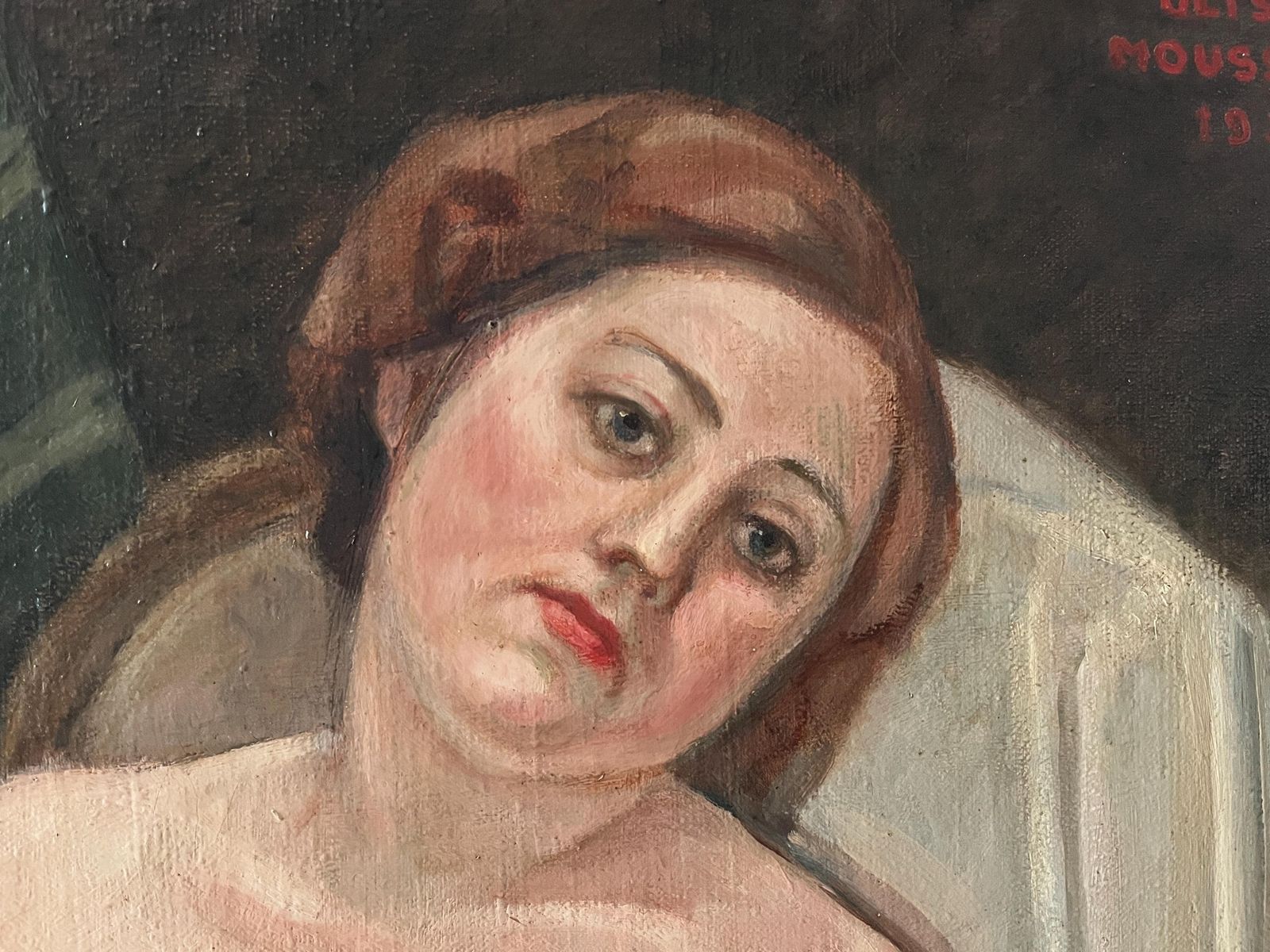 French Antique Woman Portrait Oil On Canvas, Art Deco Large Nude Painting, Interior Scene By Ulysse Moussalli photo 1135.0