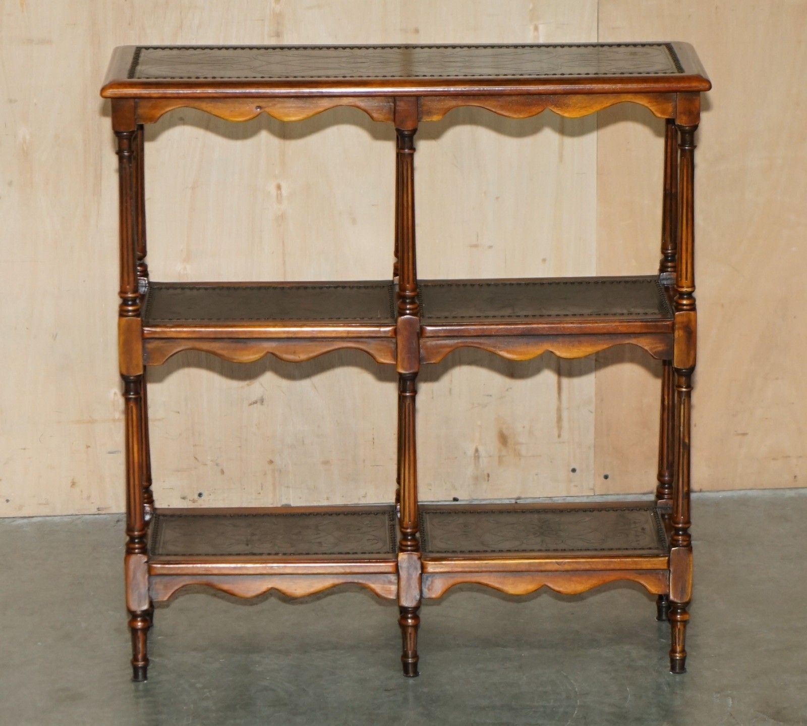 Stunning Solid Wood & Leather Embossed Theodore Alexander Etagere Open Bookcase photo for sale