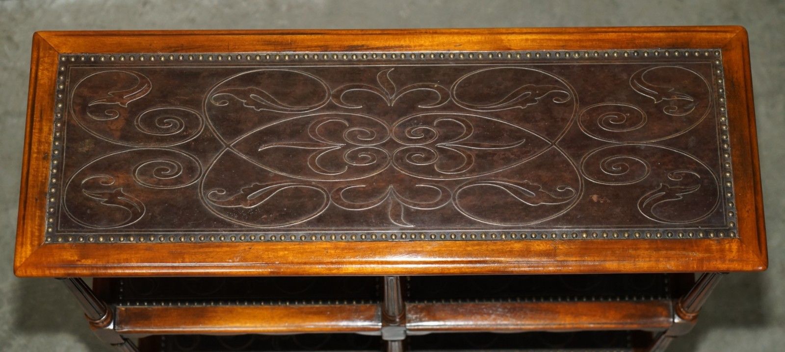 Stunning Solid Wood & Leather Embossed Theodore Alexander Etagere Open Bookcase photo 1850.0
