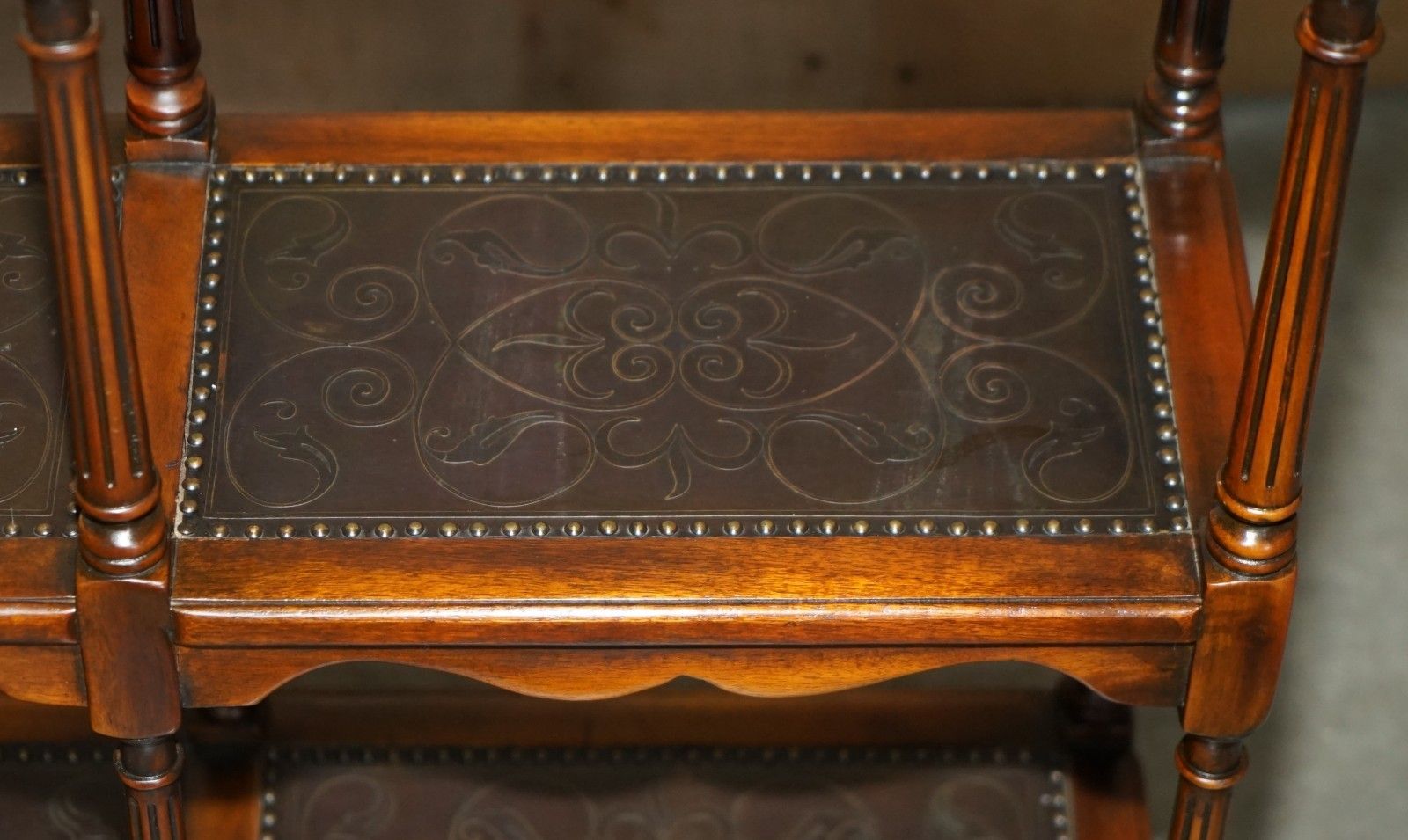 Furniture Stunning Solid Wood & Leather Embossed Theodore Alexander Etagere Open Bookcase photo