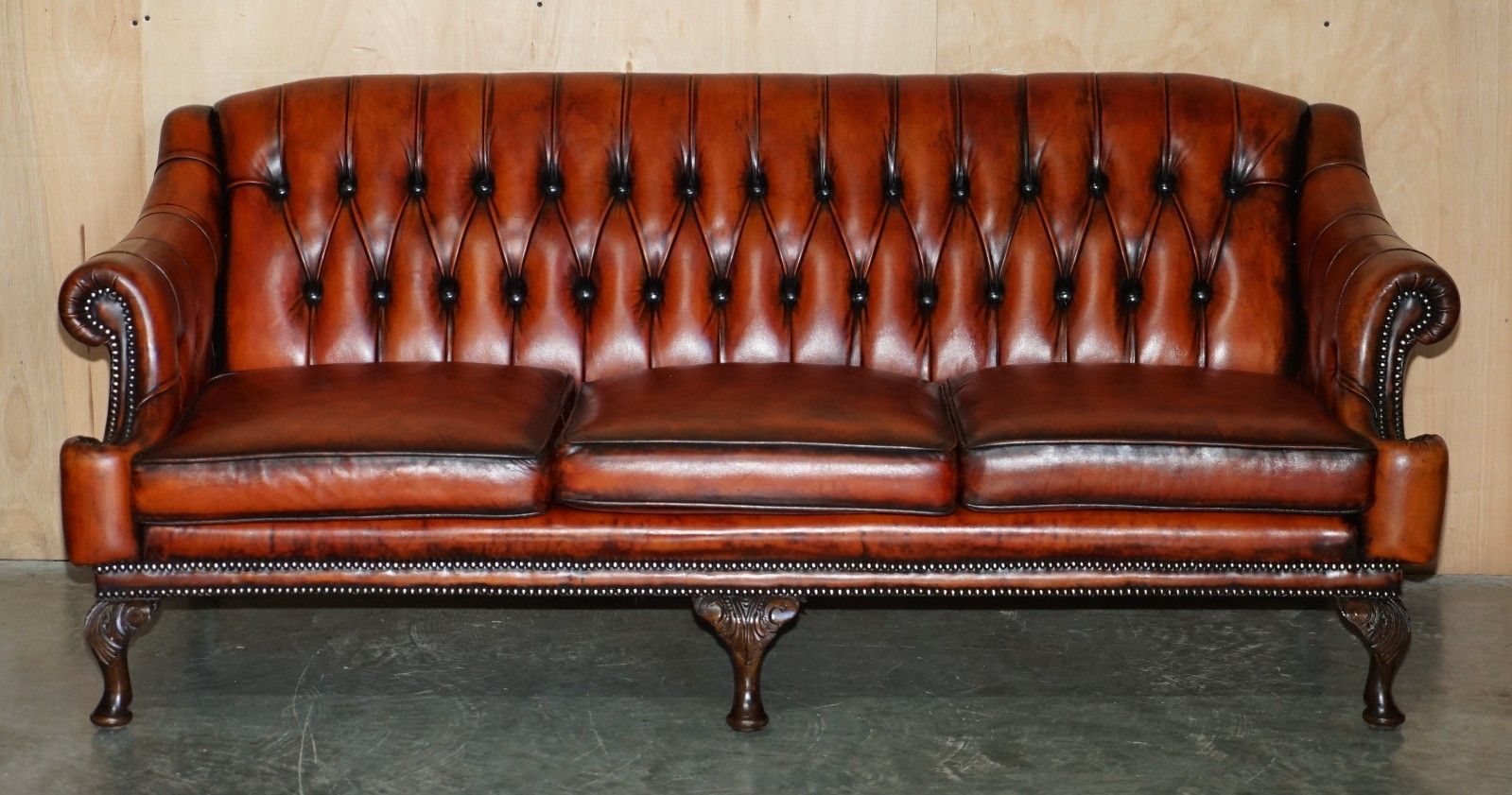 Fine 1960's Bordeaux Leather Restored Chesterfield Club Three Seat Sofa Settee photo for sale