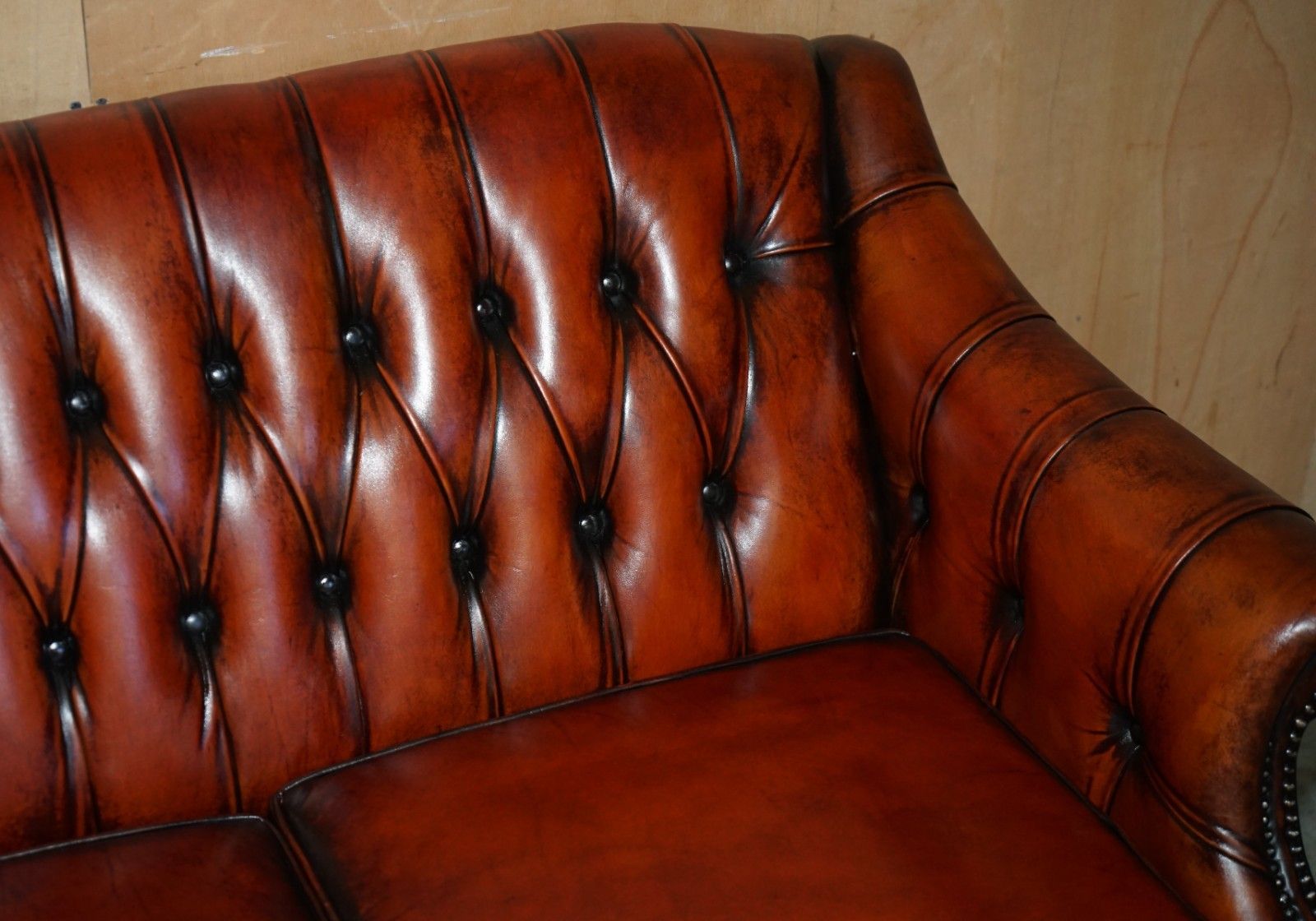 photo furniture Fine 1960's Bordeaux Leather Restored Chesterfield Club Three Seat Sofa Settee