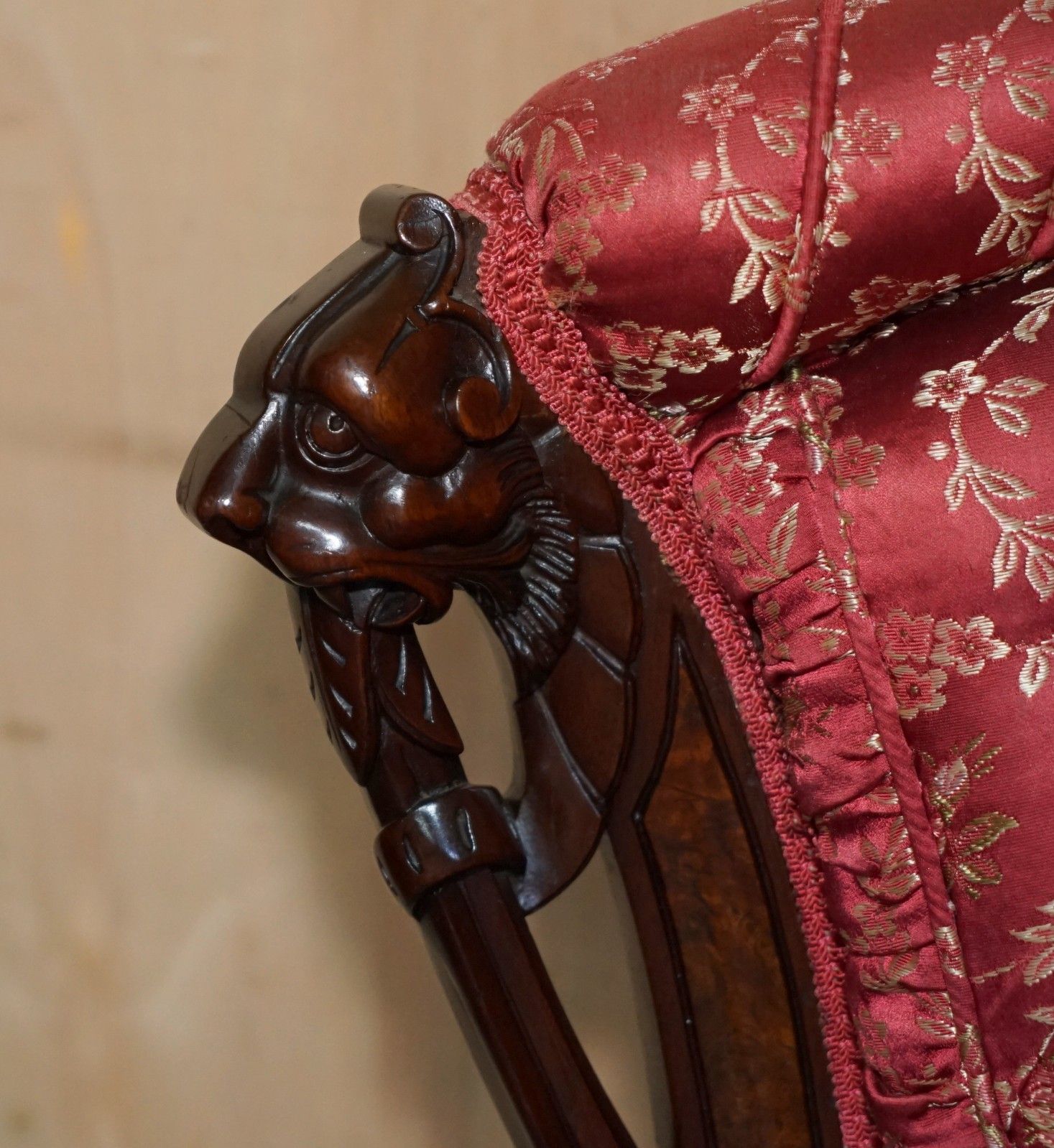 Four Antique Victorian Flamed Mahogany Lion Carved Dining Chairs Part Of A Suite photo buy