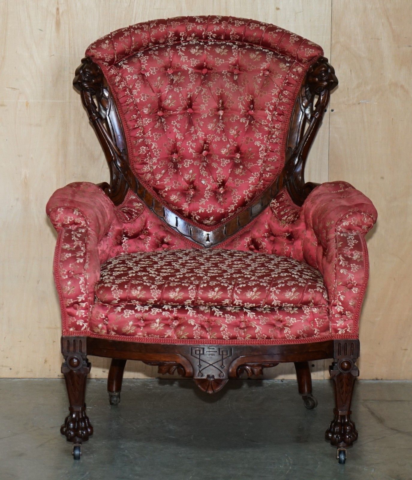 Antique Victorian Flamed Mahogany Lion Carved Pair Of Armchairs Part Of A Suite photo Furniture