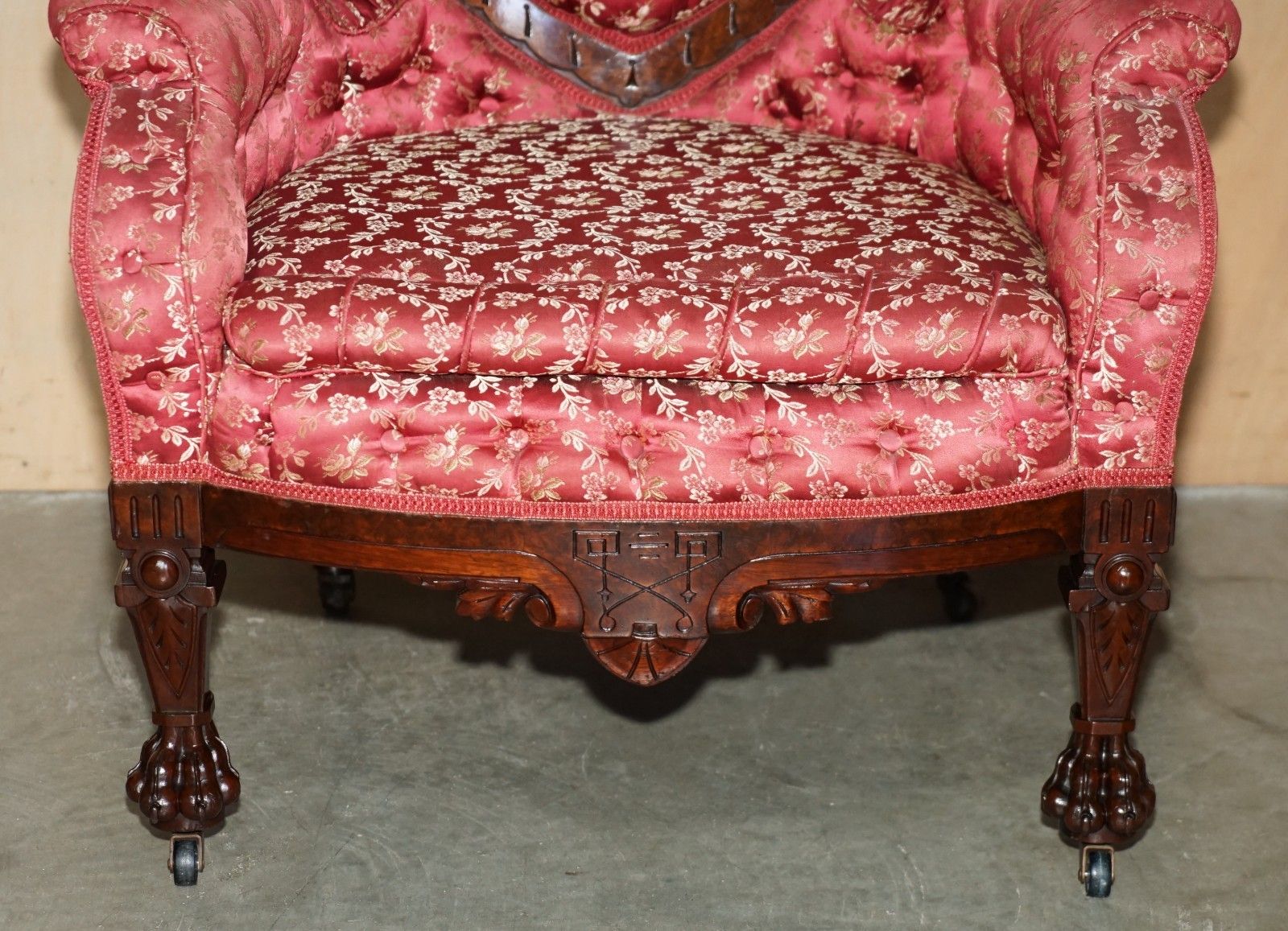 photo for sale Antique Victorian Flamed Mahogany Lion Carved Pair Of Armchairs Part Of A Suite