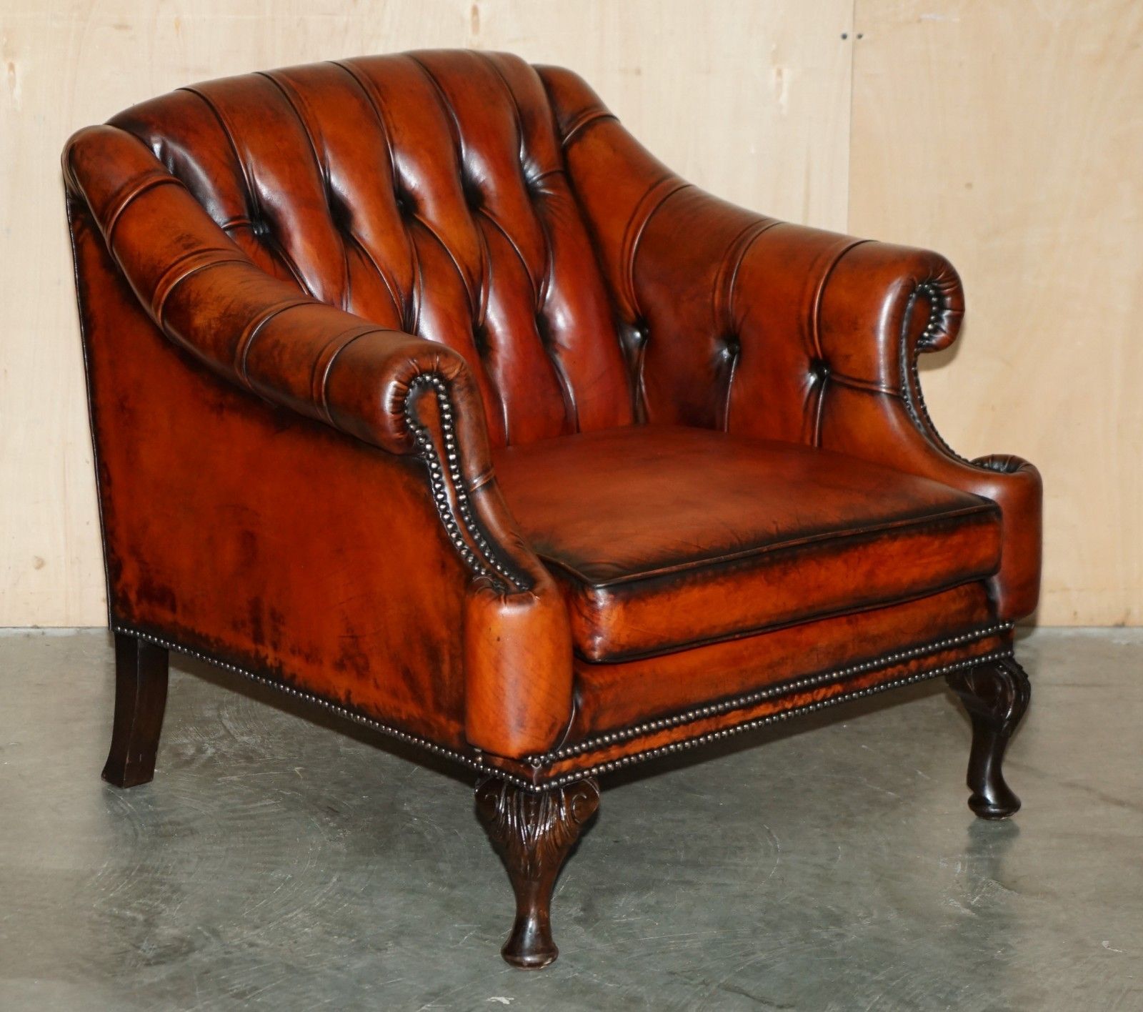 Stunning 1960's Bordeaux Leather Restored Chesterfield Club Armchair & Footstool photo furniture