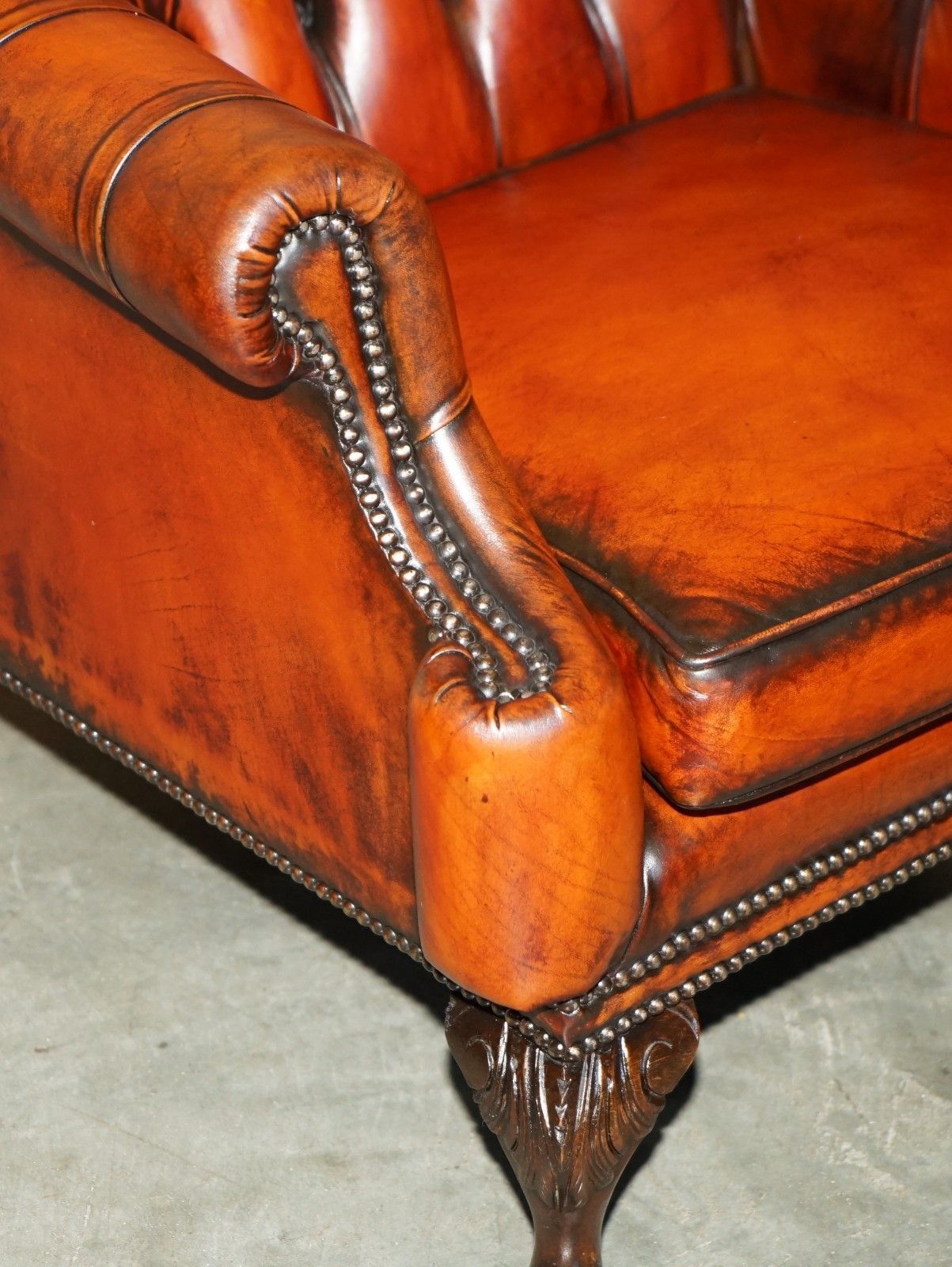 2950.0 Stunning 1960's Bordeaux Leather Restored Chesterfield Club Armchair & Footstool photo