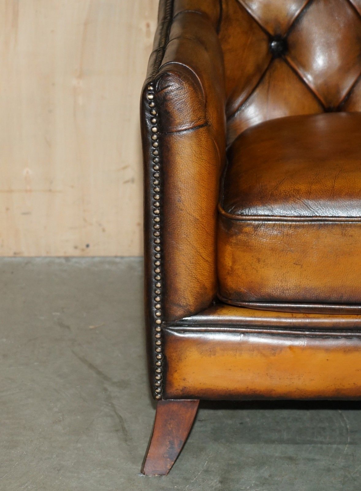 photo for sale Fully Restored Cigar Brown Leather Chesterfield Tufted Library Armchair