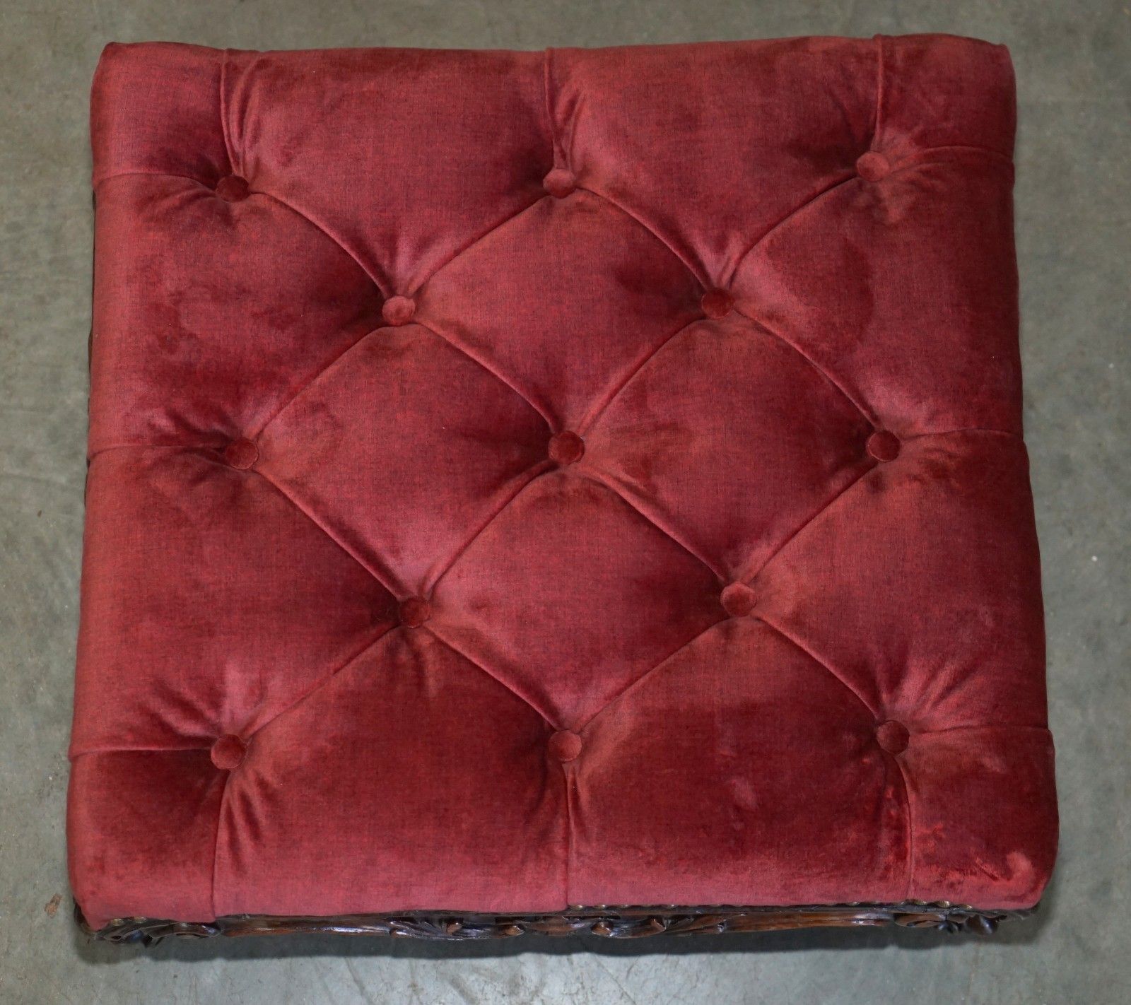Antique Victorian Mahogany Framed Salmon Velour Chesterfield Tufted Footstool photo buy