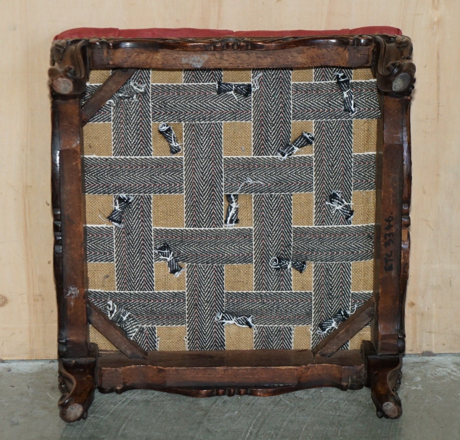 Furniture Antique Victorian Mahogany Framed Salmon Velour Chesterfield Tufted Footstool photo