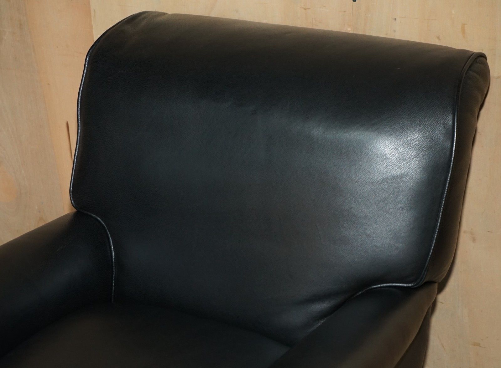 Oversized Antique Victorian Black Leather Club Armchair Stamped Inside Back Leg photo Furniture