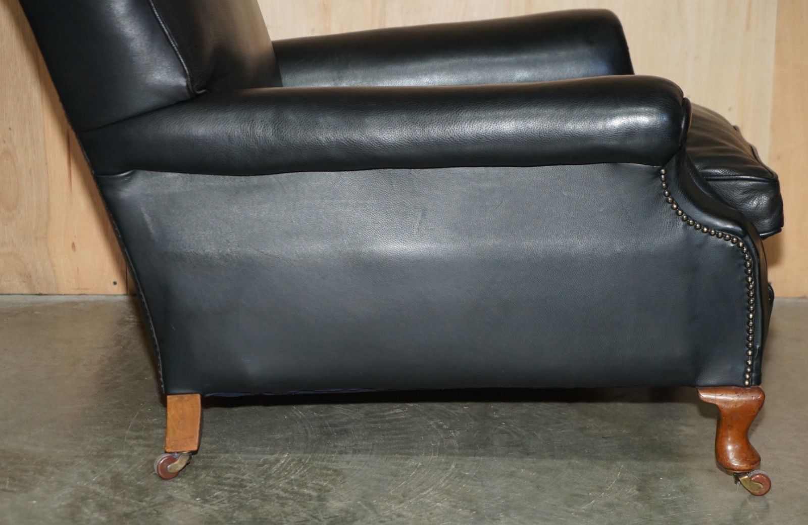 Furniture Oversized Antique Victorian Black Leather Club Armchair Stamped Inside Back Leg photo