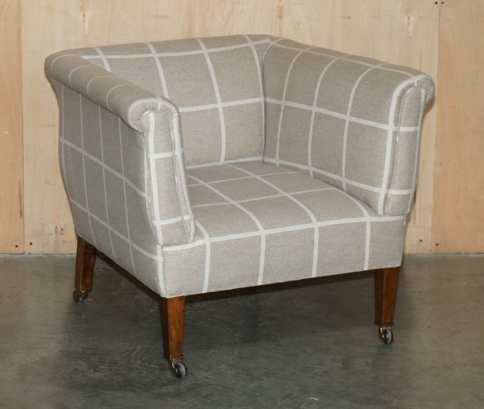Antique Circa 1900 Club Armchair Porcelain Castors & Scottish Tartan Upholstery photo furniture