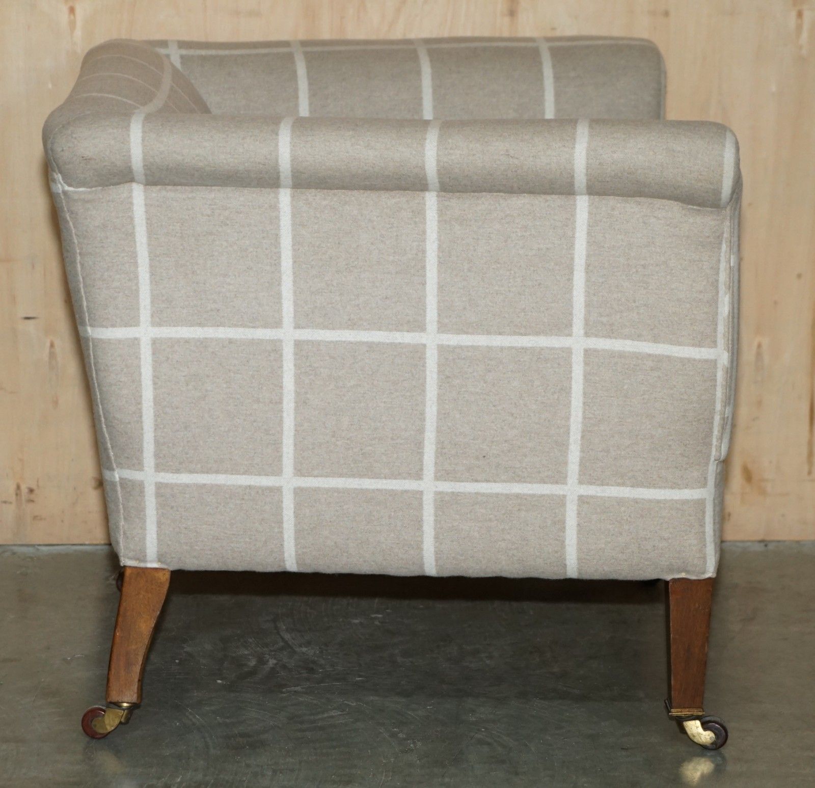 photo for sale Antique Circa 1900 Club Armchair Porcelain Castors & Scottish Tartan Upholstery
