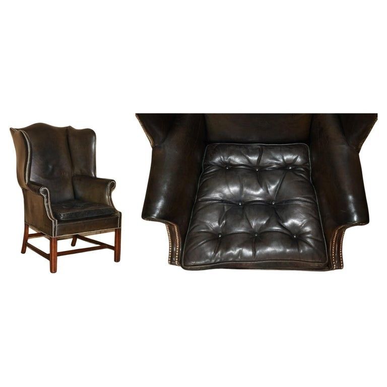 Stunning Antique Victorian Leather Wingback Armchair Thomas Chippendale Buttons